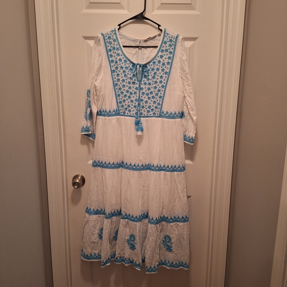 Soft Surroundings Dresses & Skirts - Soft Surroundings 100% Cotton White and Blue Embroidered Midi Juniper Dress